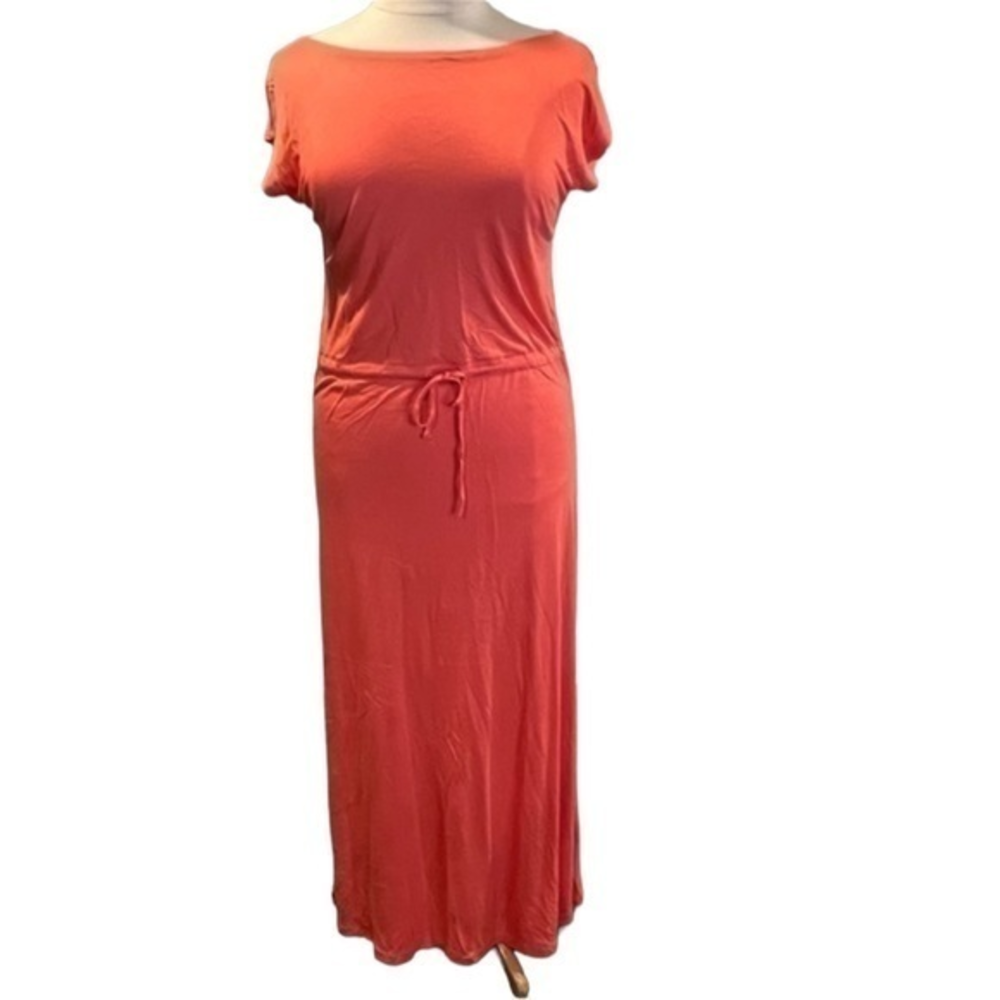 Gap Coral Orange Rayon Maxi Dress Short Sleeve Drawstring Waist Boat Neck M‎ #10